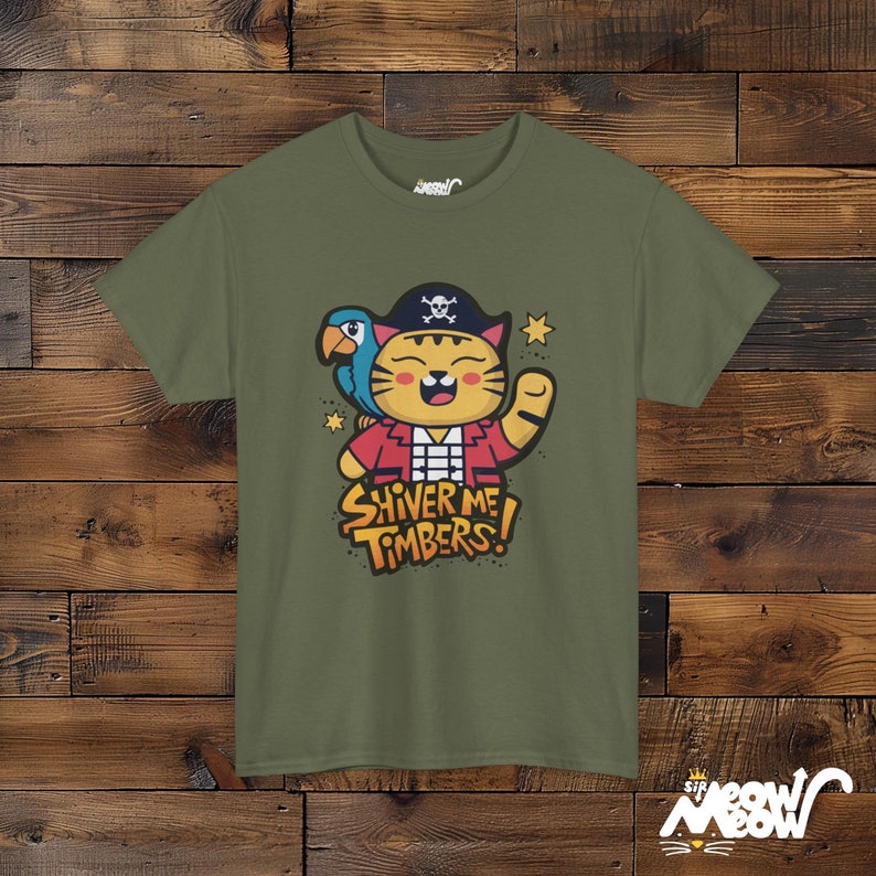 Pirate Cat Graphic T-Shirt, Shiver Me Timbers Tee Military Green