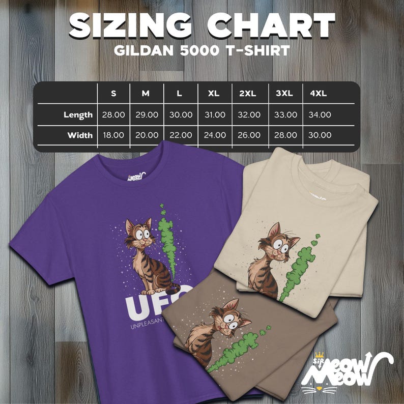 May include: Sizing chart for Gildan 5000 T-shirts. The chart shows the length and width measurements in inches for sizes S through 4XL. The image also shows three t-shirts with a cat graphic and the text "UFO Unpleasant Flying Object".