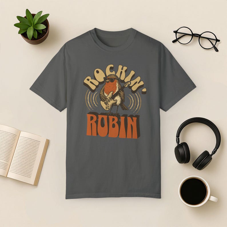 Rockin' Robin Graphic Tee: Retro Bird Music Lover Shirt Pepper