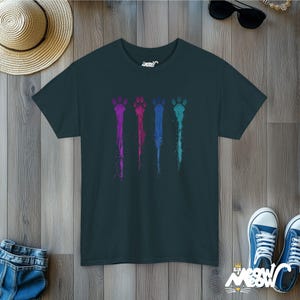 Colorful Paw Prints T-Shirt: Dripping Paint Splatter Cat Lover Tee Midnight