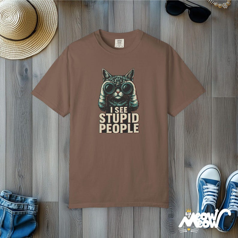 Comfort Colors Cat Binoculars T-Shirt: Sarcastic Humor Tee Espresso