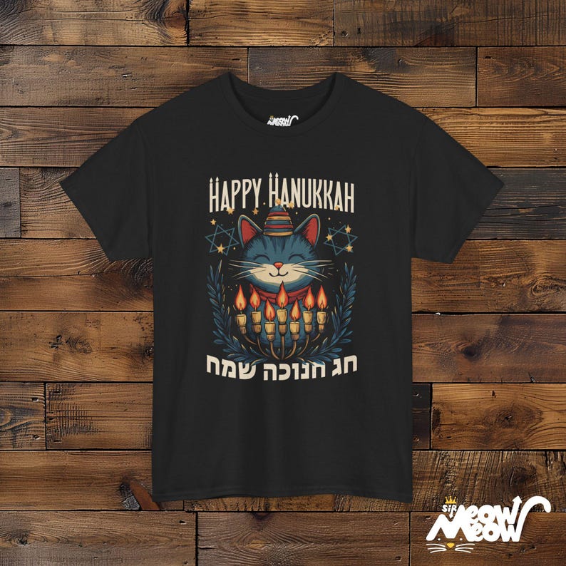 Happy Hanukkah Cat Shirt – Jewish Holiday Apparel Black