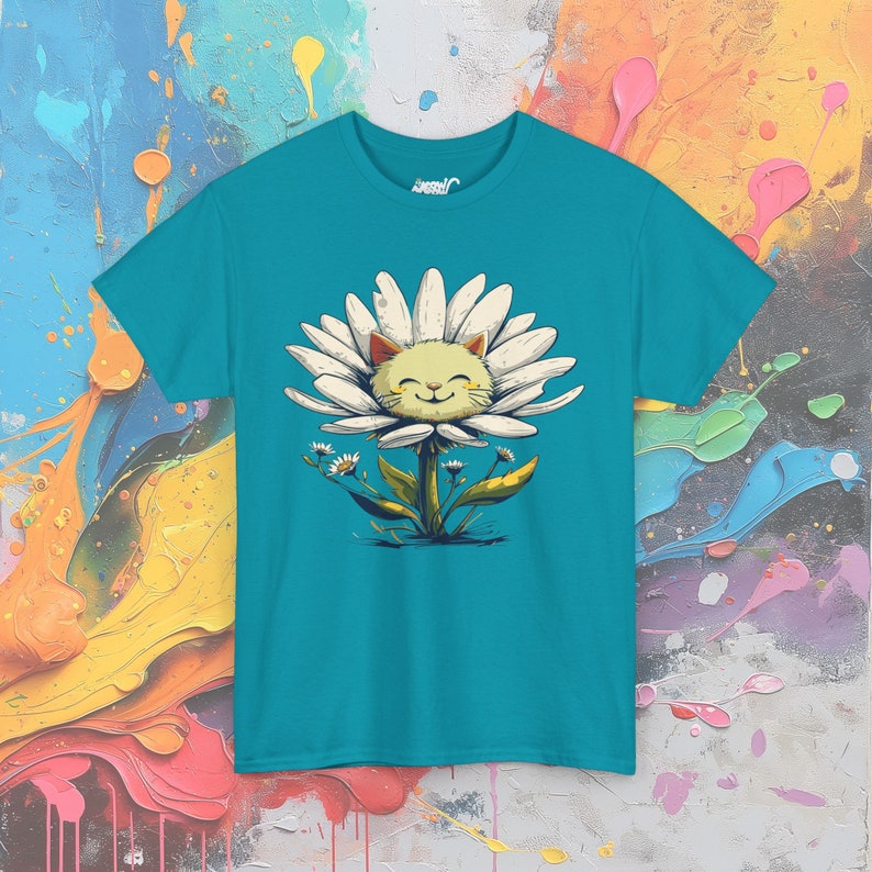 サンシャインデイジーキャットTシャツ：ハッピーネコフラワーTシャツ Tropical Blue