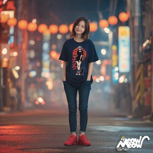 May include: Navy blue t-shirt with a graphic of an anime-style character and Japanese text, paired with blue jeans and red sneakers. The shirt features a red circle design. The image includes the text "Sir Meow Meow".