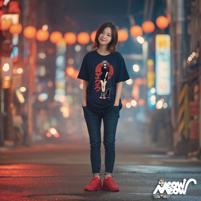 May include: Navy blue t-shirt with a graphic of an anime-style character and Japanese text, paired with blue jeans and red sneakers. The shirt features a red circle design. The image includes the text "Sir Meow Meow".