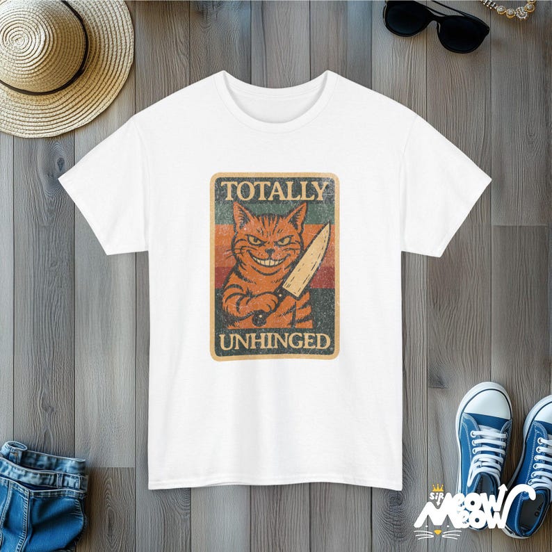 Unhinged Cat Knife T-Shirt: Funny Psycho Cat, Retro Style White