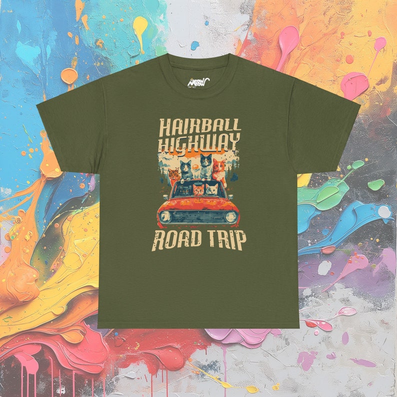 Hairball Highway Road Trip T-shirt: Cat Lover Adventure-T-shirt Military Green
