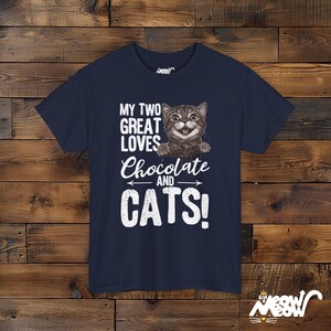 Chocolate and Cats T-Shirt: Playful Graphic Tee, Cat Lover Gift Navy