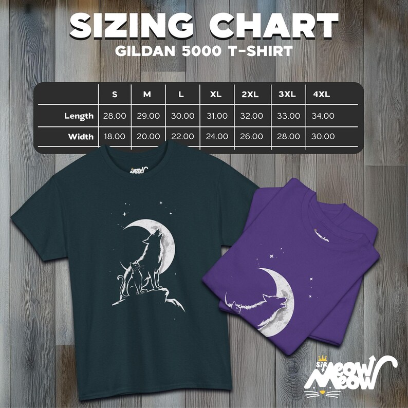 May include: A sizing chart for Gildan 5000 T-shirts, showing measurements in inches for length and width, for sizes S through 4XL. The chart is displayed on a wooden background. Two t-shirts are shown below the chart, one dark green and one purple, both featuring a white silhouette of a wolf howling at the moon.