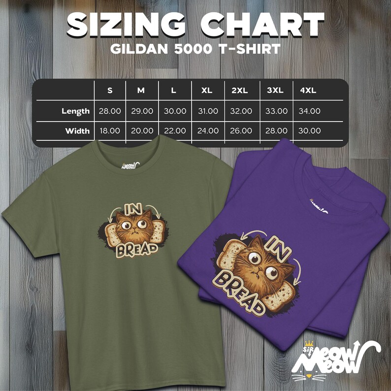 May include: Two t-shirts with a graphic of a cat inside a slice of bread. The text on the shirts reads "In Bread". The shirts are available in a variety of sizes, from S to 4XL. The sizing chart is shown in the image.