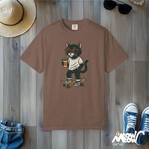 Skateboard Cat T-Shirt: Comfort Colors Streetwear Tee Espresso