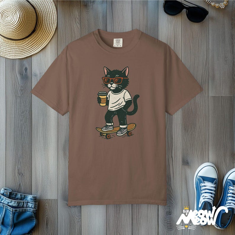 Skateboard Cat T-Shirt: Comfort Colors Streetwear Tee Espresso