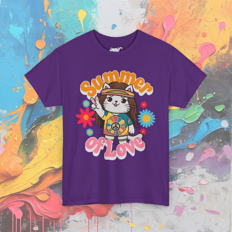 Hippie Cat T-Shirt: 60s Flower Power Groovy Tee Purple
