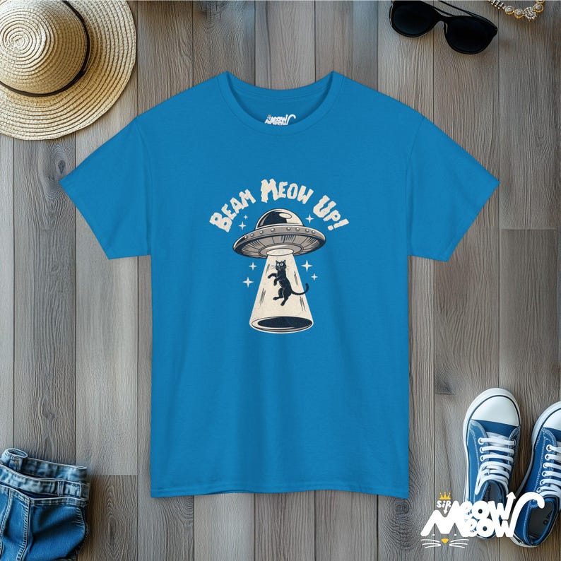 Beam Meow Up Cat T-Shirt: Funny UFO Abduction Tee Sapphire
