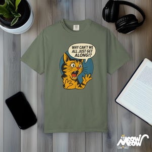 Retro Comic Cat T-Shirt: Comfort Colors Peace Graphic Tee Moss