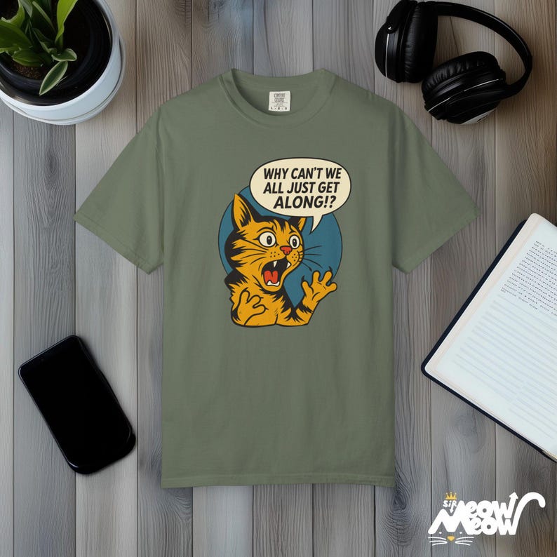 Retro Comic Cat T-Shirt: Comfort Colors Peace Graphic Tee Moss