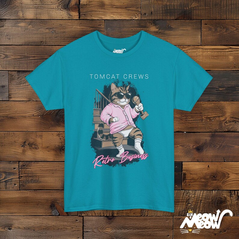 Funny Retro Cat T-Shirt: 80s Movie Design, Gift for Cat Lovers Tropical Blue