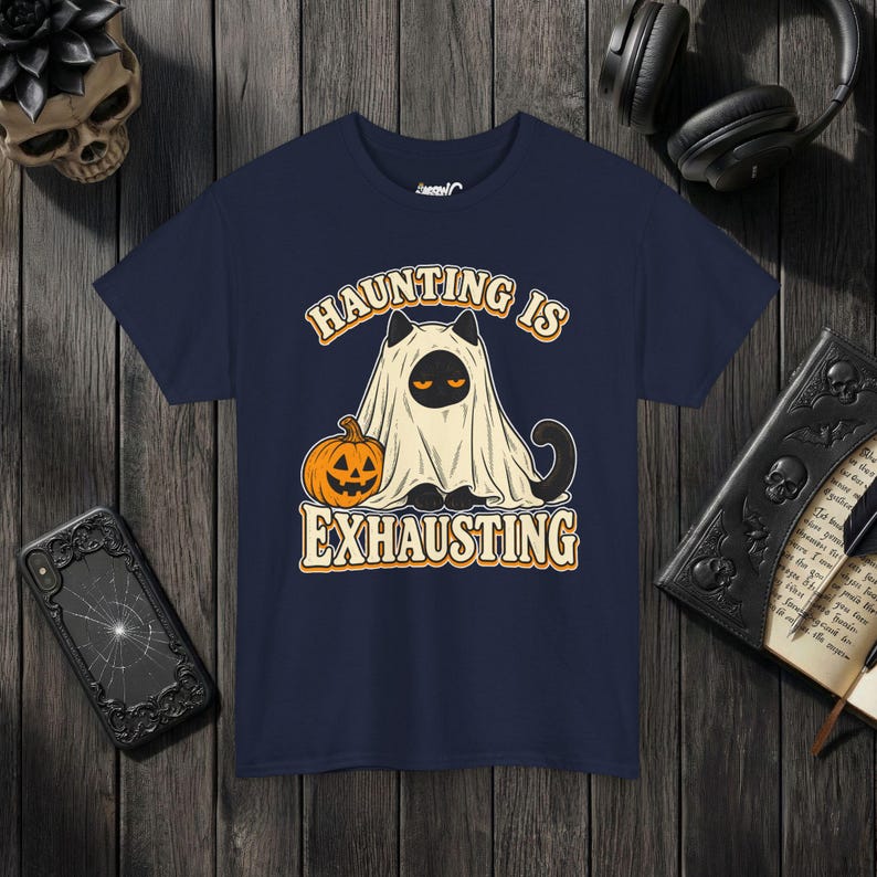 Funny Cat Ghost Shirt, Haunting Is Exhausting Halloween Tee, Retro Spooky Season Gift Navy