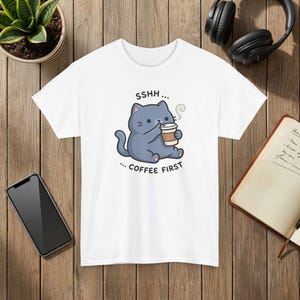 Coffee First Cat T-Shirt: Cartoon Illustration, Coffee Lover Gift White