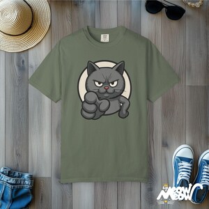 Comfort Colors Angry Cat T-Shirt: Grumpy Humor Graphic Tee Moss