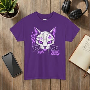 ロボット猫Tシャツ、サイバーパンクグラフィティメカグラフィックTシャツ、ストリートウェア猫好きシャツ 画像 8