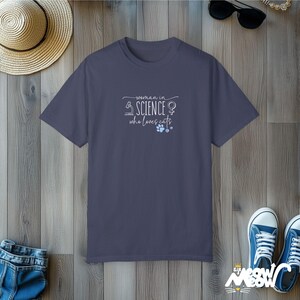 Woman in Science Cat Lover T-Shirt: Empowering STEM Tee Denim