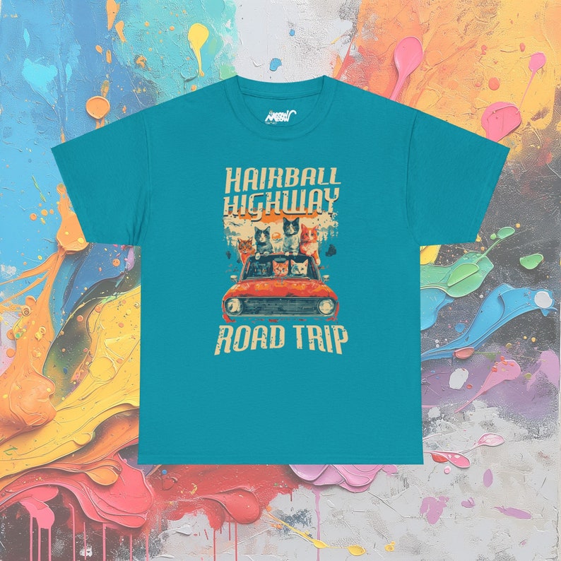 Hairball Highway Road Trip T-shirt: Cat Lover Adventure-T-shirt Tropical Blue