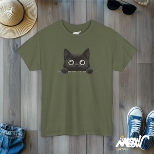 Peekaboo Black Cat T-Shirt: Minimalist Feline Tee Military Green