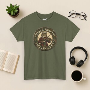 Vintage Fiddle Cat T-Shirt, Funny Violinist Tee Military Green