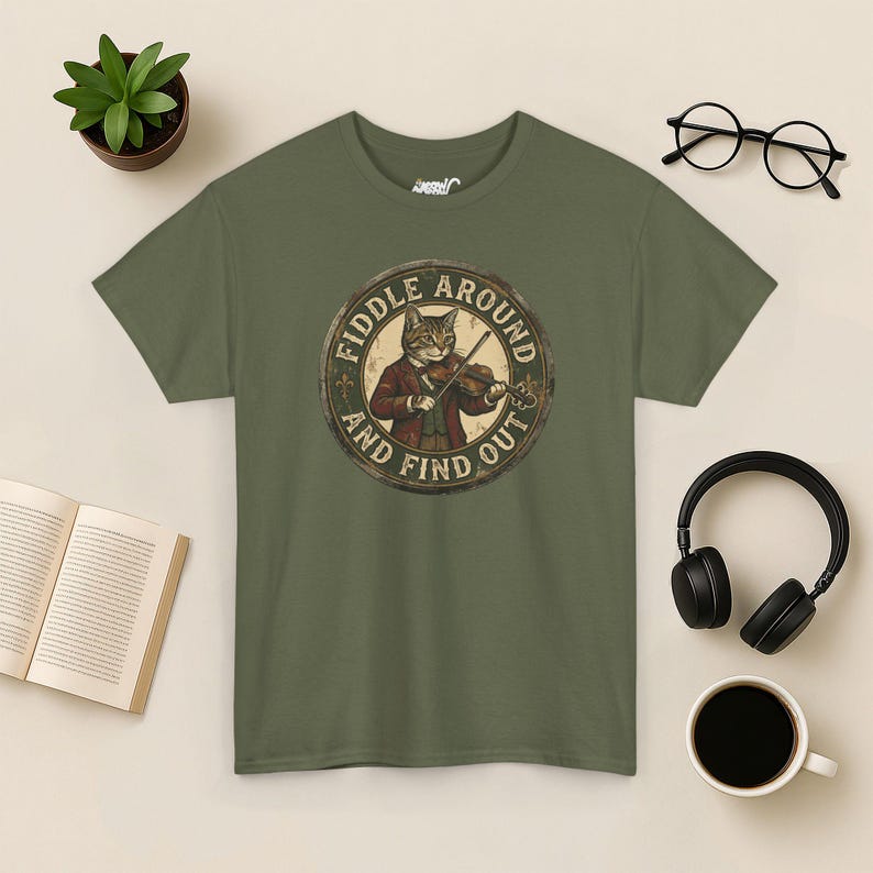 Vintage Fiddle Cat T-Shirt, Funny Violinist Tee Military Green