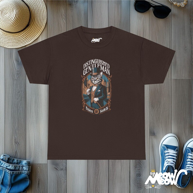 Aristocratic Cat T-Shirt: Retro Gentleman Feline Design Dark Chocolate
