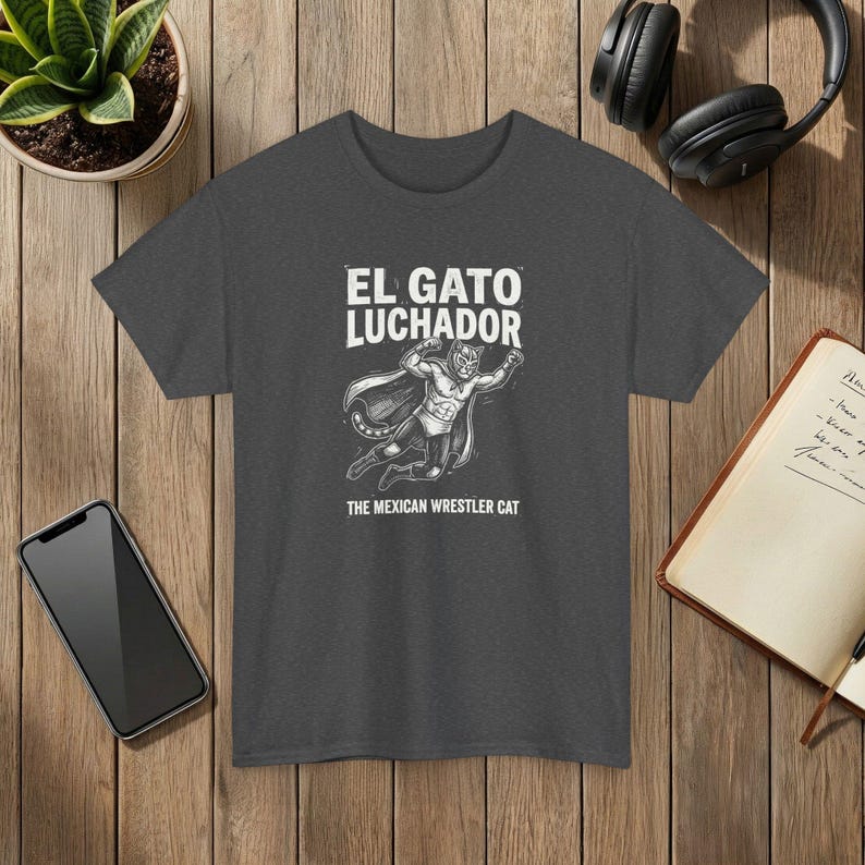 El Gato Luchador Mexican Wrestler Cat Graphic T-Shirt Black Cotton Tee image 6