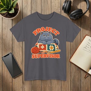 Project Supervisor Cat T-Shirt, Funny Crochet Shirt, Gift for Cat Lovers Charcoal