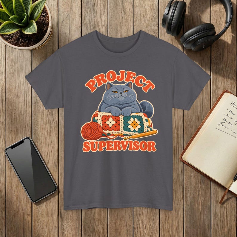 Project Supervisor Cat T-Shirt, Funny Crochet Shirt, Gift for Cat Lovers Charcoal