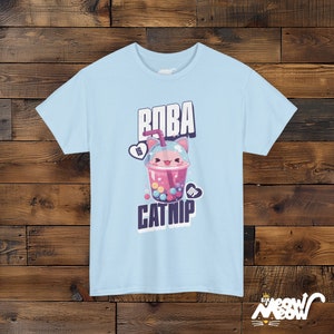 Boba Cat T-Shirt, Bubble Tea Unisex Tee Light Blue