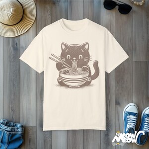 Kawaii Cat Eating Ramen T-Shirt: Comfort Colors Tee, Gift for Cat Lovers Ivory
