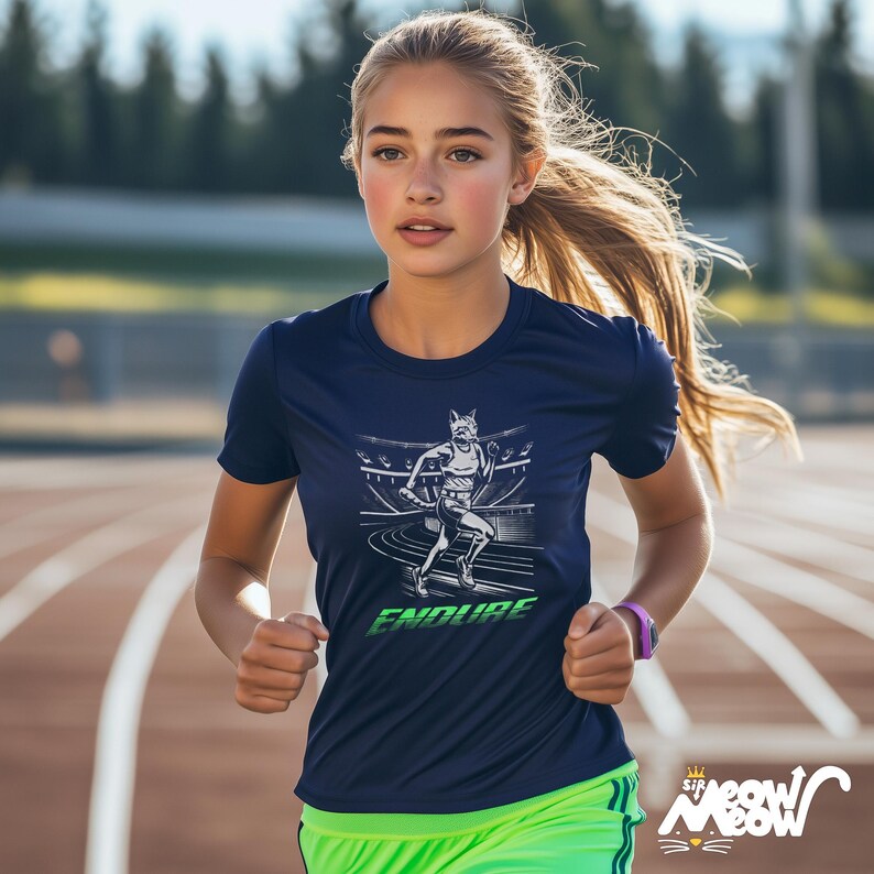 May include: A navy blue t-shirt with a white graphic of a person running on a track. The graphic includes the text "ENDURE".