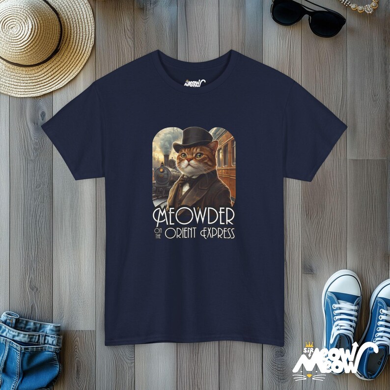 Meowder on the Orient Express Cat T-Shirt: Funny Detective Design Navy