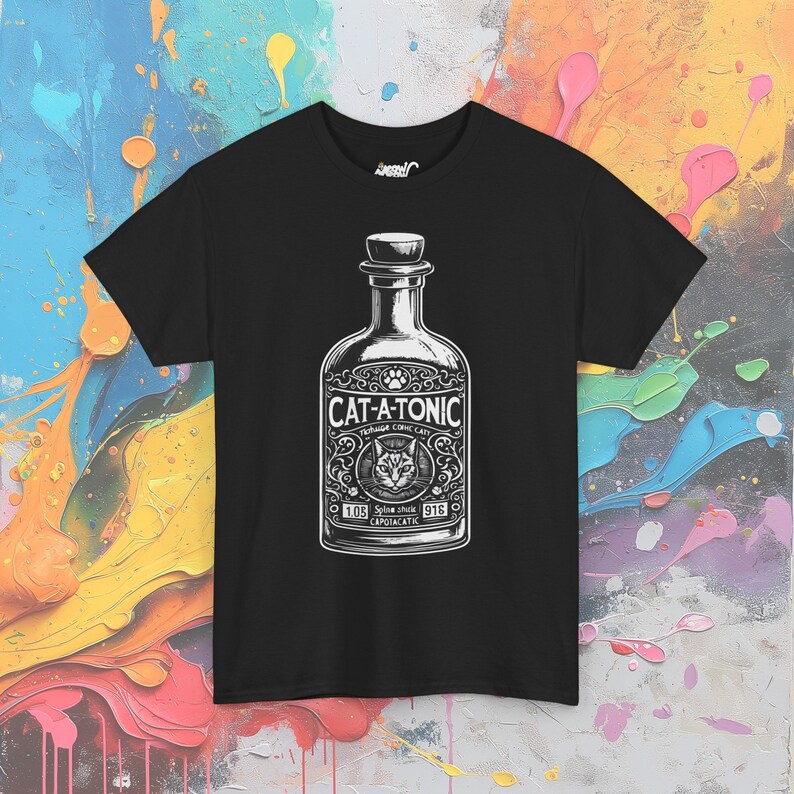 Cat-A-Tonic T-Shirt: Vintage Bottle Graphic, Funny Cat Pun image 2