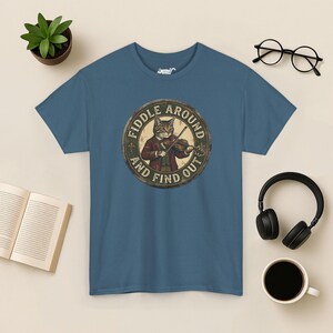 Vintage Fiddle Cat T-Shirt, Funny Violinist Tee Indigo Blue