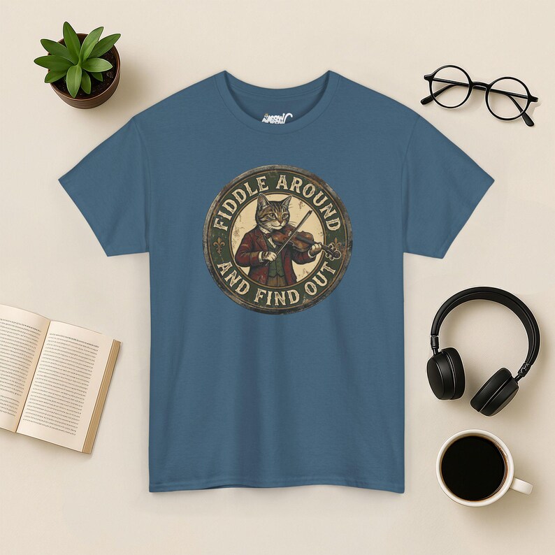 Vintage Fiddle Cat T-Shirt, Funny Violinist Tee Indigo Blue