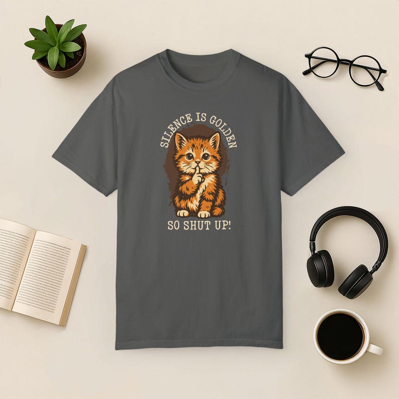 Silence Is Golden Cat Shirt: Comfort Colors Grumpy Kitten Tee Pepper