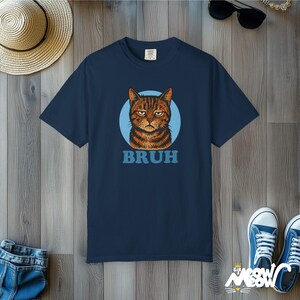 Bruh Cat Meme T-Shirt: Sarcastic Comfort Colors Tee True Navy