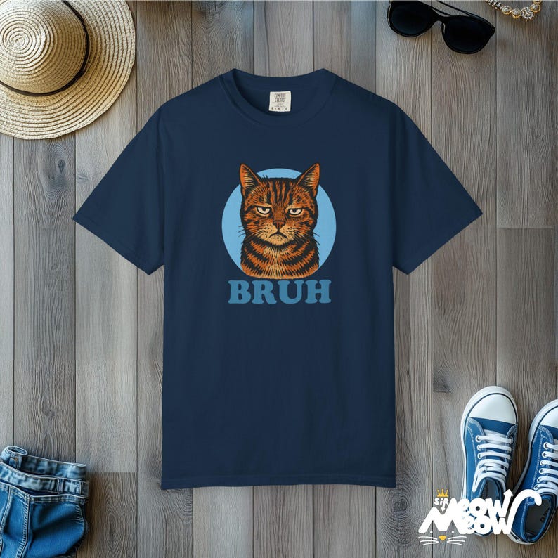 Bruh Cat Meme T-Shirt: Sarcastic Comfort Colors Tee True Navy