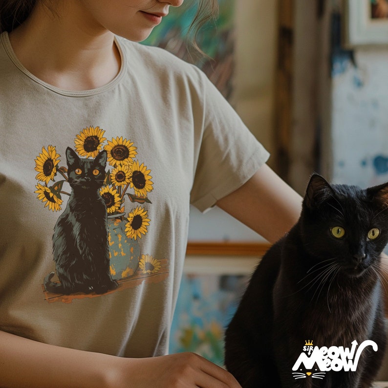 Van Gogh Sunflowers Black Cat T-Shirt | Famous Painting Unisex Shirt | Gift for Art Lovers image 1