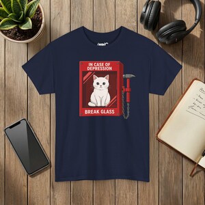 In Case Of Depression Cat Shirt, Break Glass Cat T-Shirt, Funny Cat Lover Tee, Mental Health Humor Shirt, Cute White Cat Gift image 7