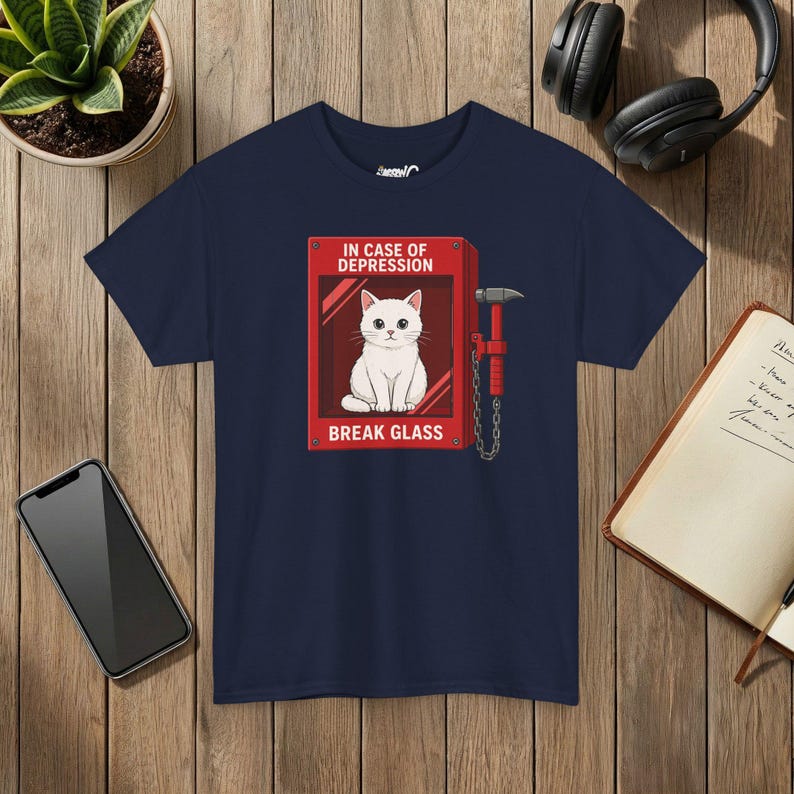 In Case Of Depression Cat Shirt, Break Glass Cat T-Shirt, Funny Cat Lover Tee, Mental Health Humor Shirt, Cute White Cat Gift image 7