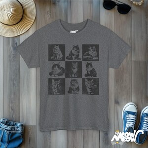 Retro Cat Grid T-Shirt: Vintage Style Graphic Tee Graphite Heather