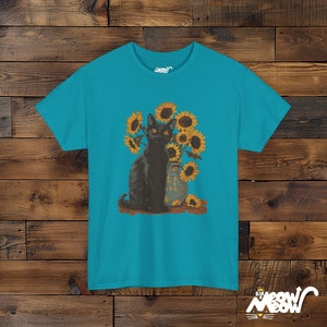 Van Gogh Sunflowers Black Cat T-Shirt | Famous Painting Unisex Shirt | Gift for Art Lovers Tropical Blue