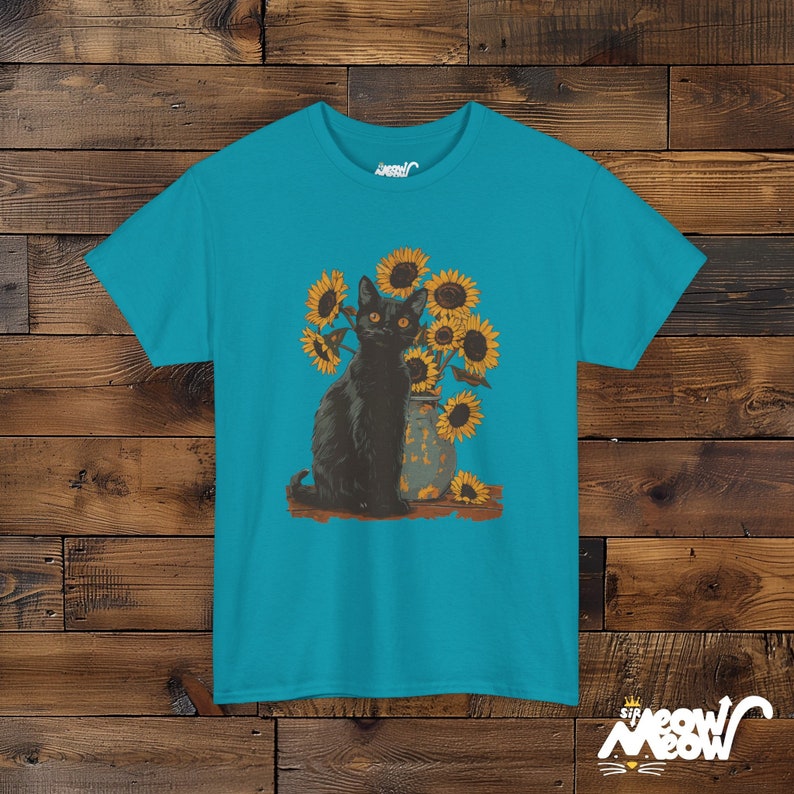 Van Gogh Sunflowers Black Cat T-Shirt | Famous Painting Unisex Shirt | Gift for Art Lovers Tropical Blue